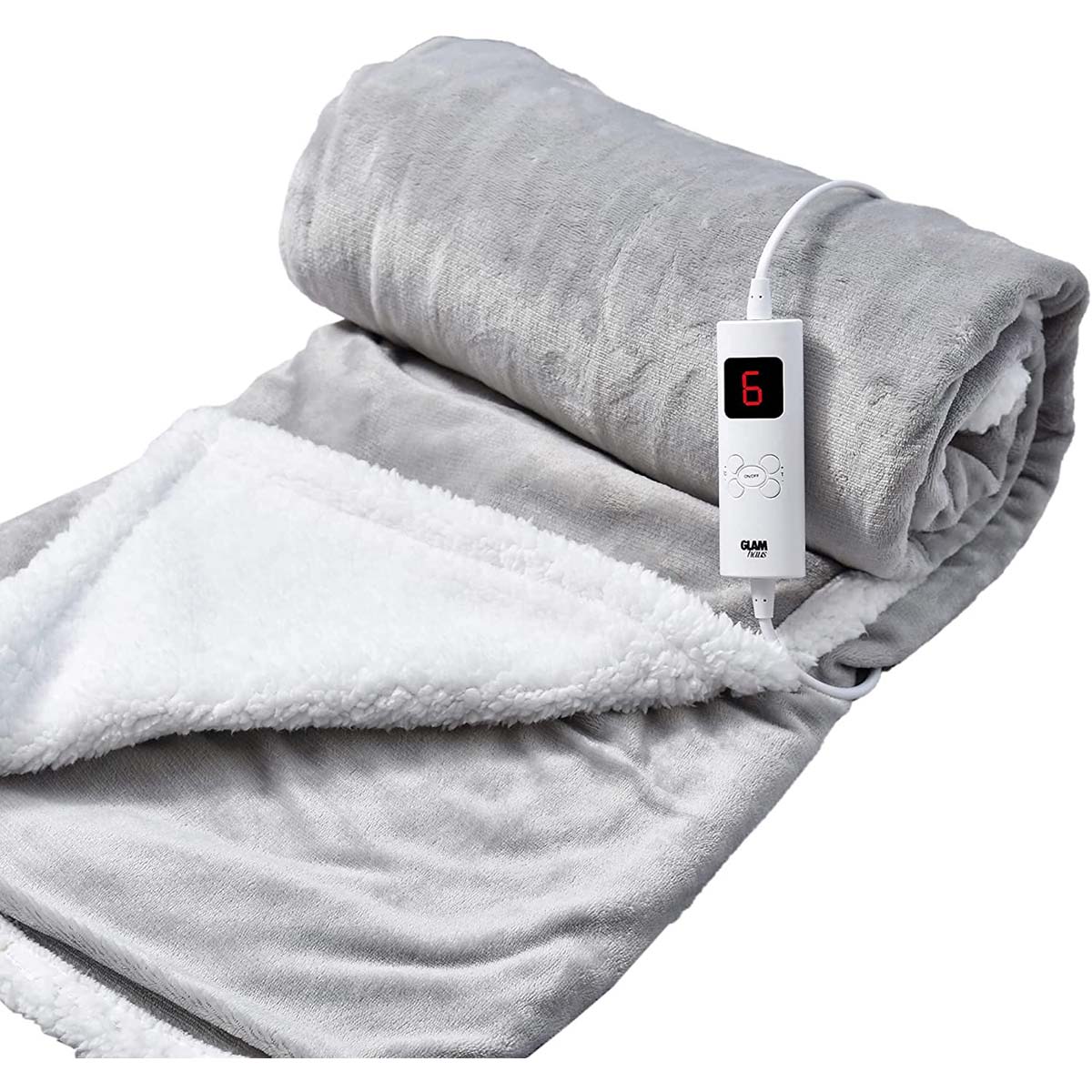 Light grey fleece electric heated throw blanket, measuring 160 x 130 cm, featuring a white control panel with adjustable heat settings, rolled and ready for use.