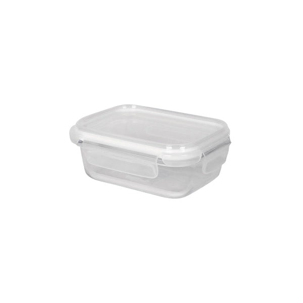 Clear glass food storage container with a transparent lid, rectangular shape, and a capacity of 370ml, featuring a secure locking mechanism on the sides.