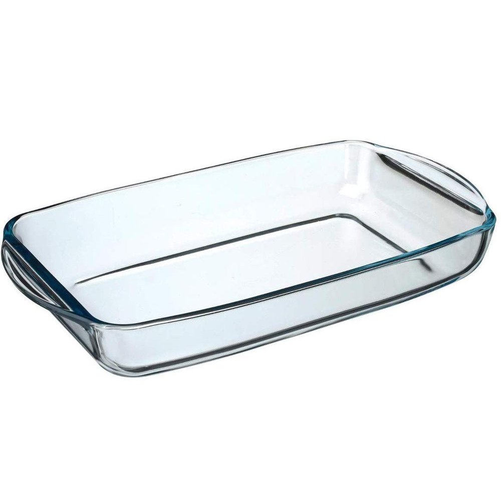 Rectangular heat-resistant glass dish, measuring 34 x 19 cm, featuring sturdy handles for easy handling, with a clear, transparent finish.