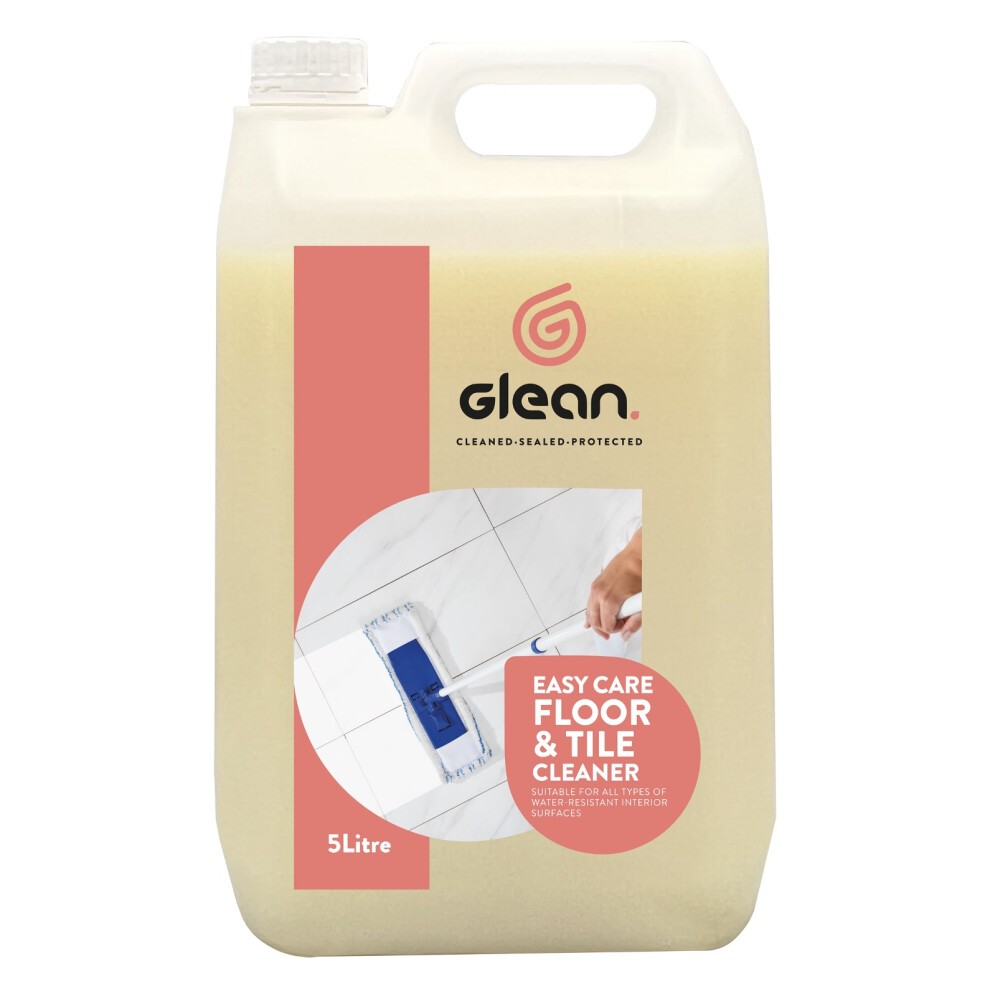 5-liter container of Glean Easy Care Floor & Tile Cleaner, featuring a light yellow liquid, a handle for easy pouring, and a prominent label with product details and a logo.