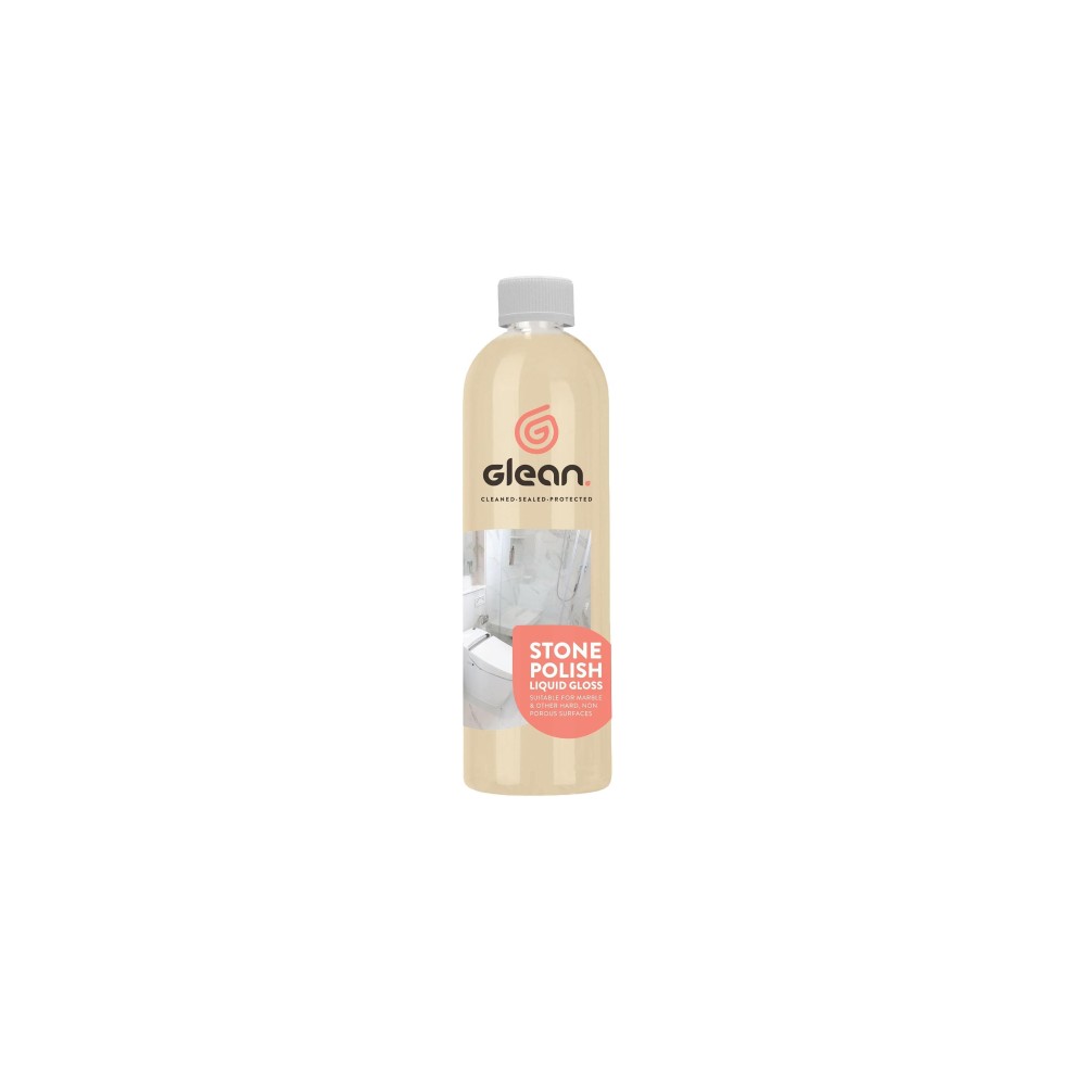 Clear bottle of Glean Natural Stone Wax Polish with a light beige liquid, featuring a white cap and a label showcasing the brand logo and product description in red.