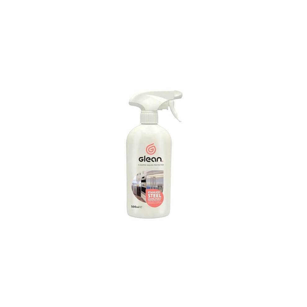 Glean Stainless Steel Cleaner & Polish Spray in a 500ml white bottle with a spray nozzle, featuring a pink label highlighting its purpose for stainless steel surfaces.