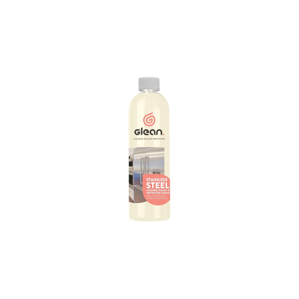 Clear plastic bottle of Glean Stainless Steel Cream Cleaner Polish, 500ml, featuring a silver cap and a prominent red label with product details and logo.