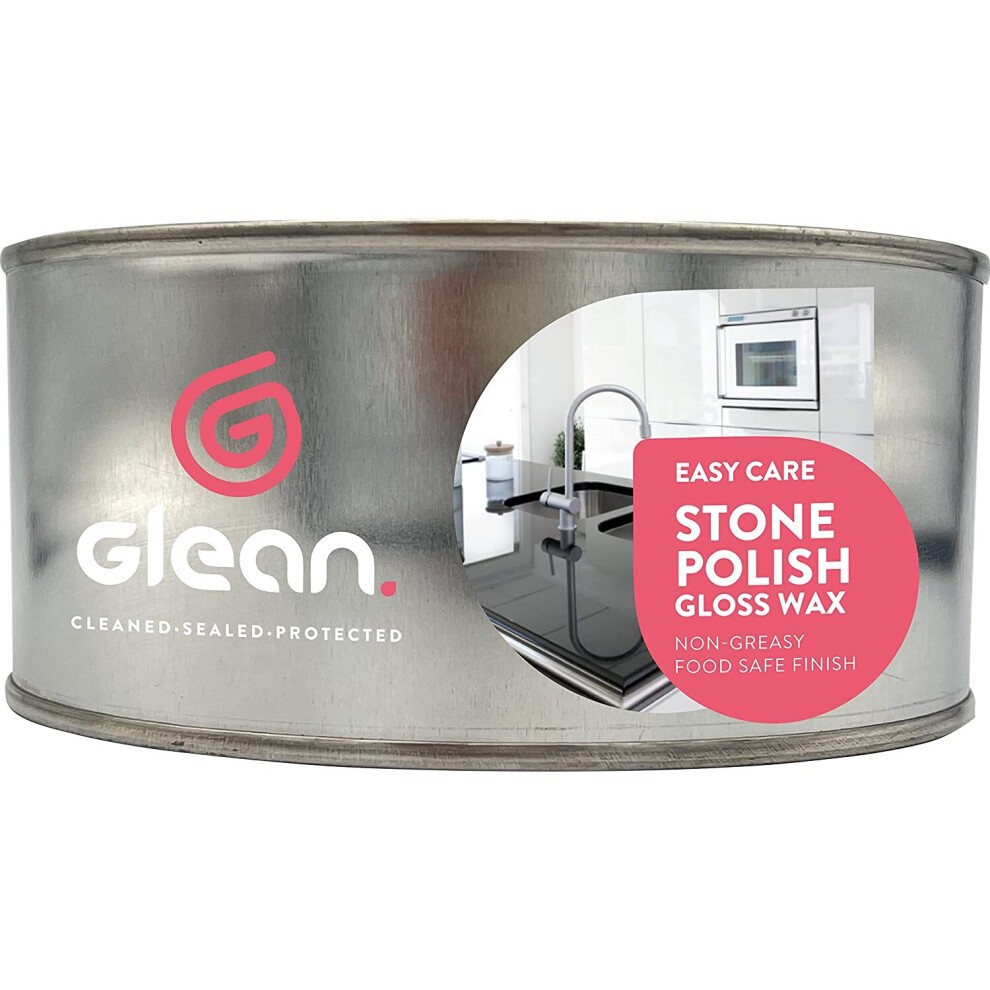 Glean Stone Polish Gloss Wax in a 300g silver tin, featuring a pink logo and label highlighting its non-greasy, food-safe finish for easy care on stone surfaces.