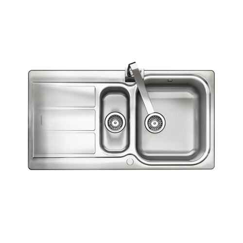 Polished stainless steel inset sink featuring a 1.5 bowl design, two circular drain covers, and a sleek, modern faucet, set within a rectangular sink layout.