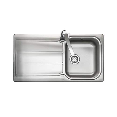 Polished stainless steel inset sink featuring one bowl, a sleek design, and a single lever faucet, with a smooth surface and integrated draining board.
