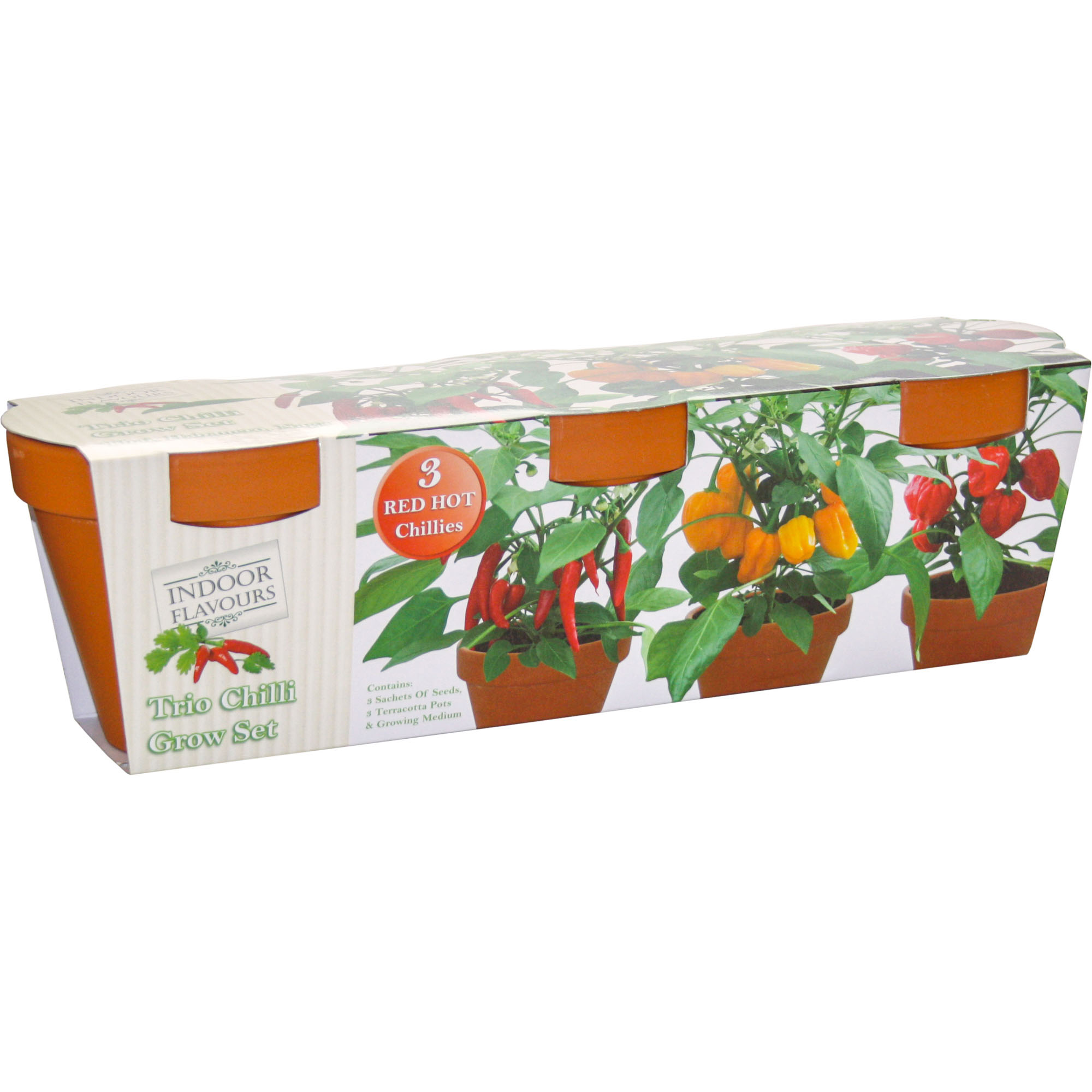 Terracotta gift set for growing chillies, featuring three sections with vibrant red and yellow chillies, packaged in a decorative box with plant illustrations.