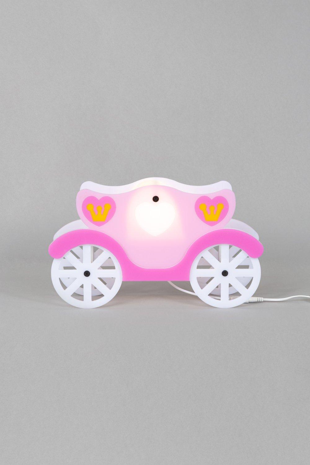 A pink princess carriage table lamp with white wheels and heart accents, made of plastic, featuring a soft glow from the interior light.