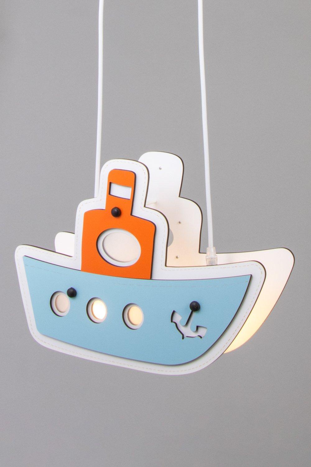 A whimsical boat-shaped pendant light featuring a light blue hull, orange accents, and white details, designed with three circular light openings and an anchor motif.