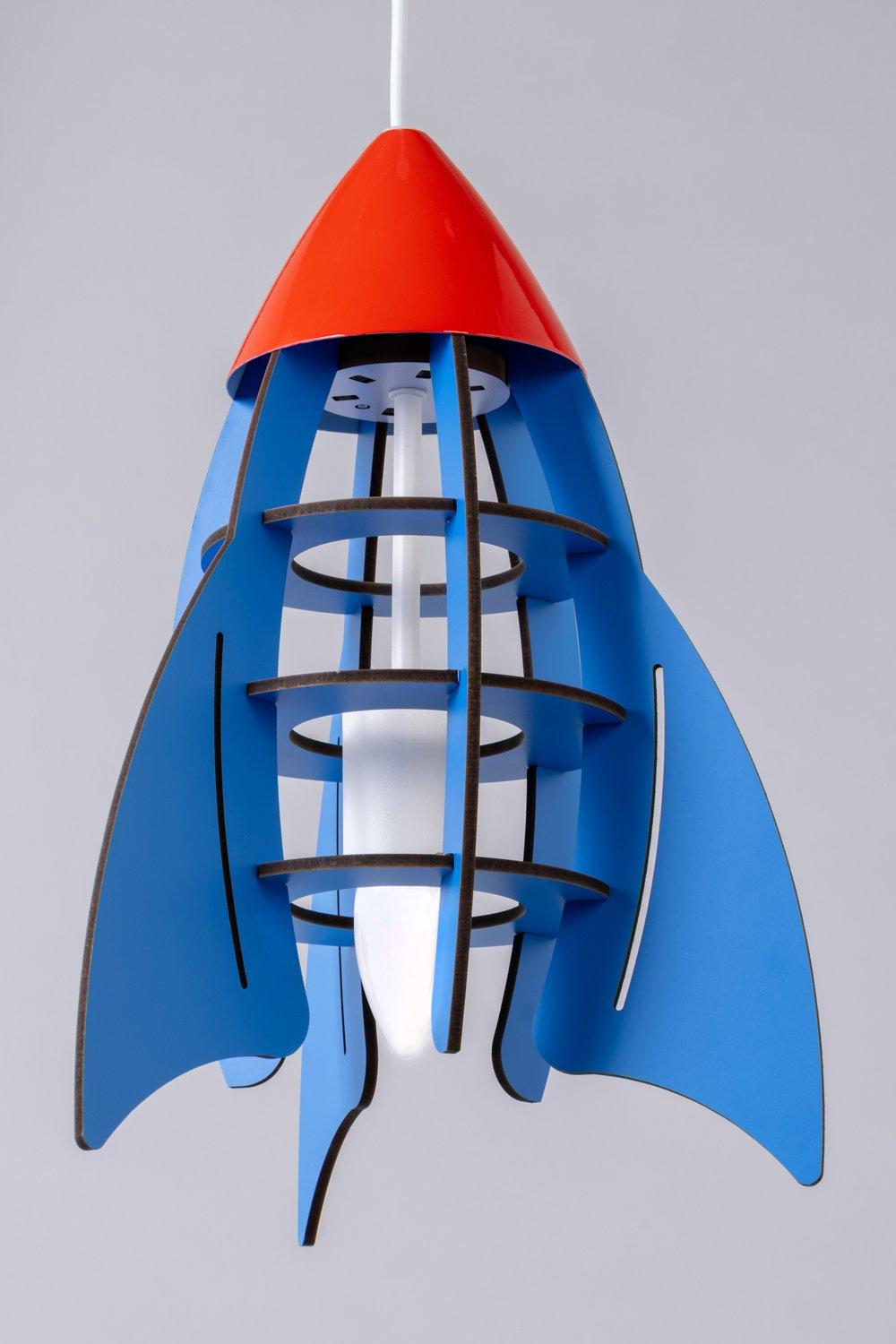 BHS Lighting Glow Rocket Ceiling Pendant Light features a blue body with red accents, a sleek rocket design, and layered fins, made from durable materials for a playful touch.