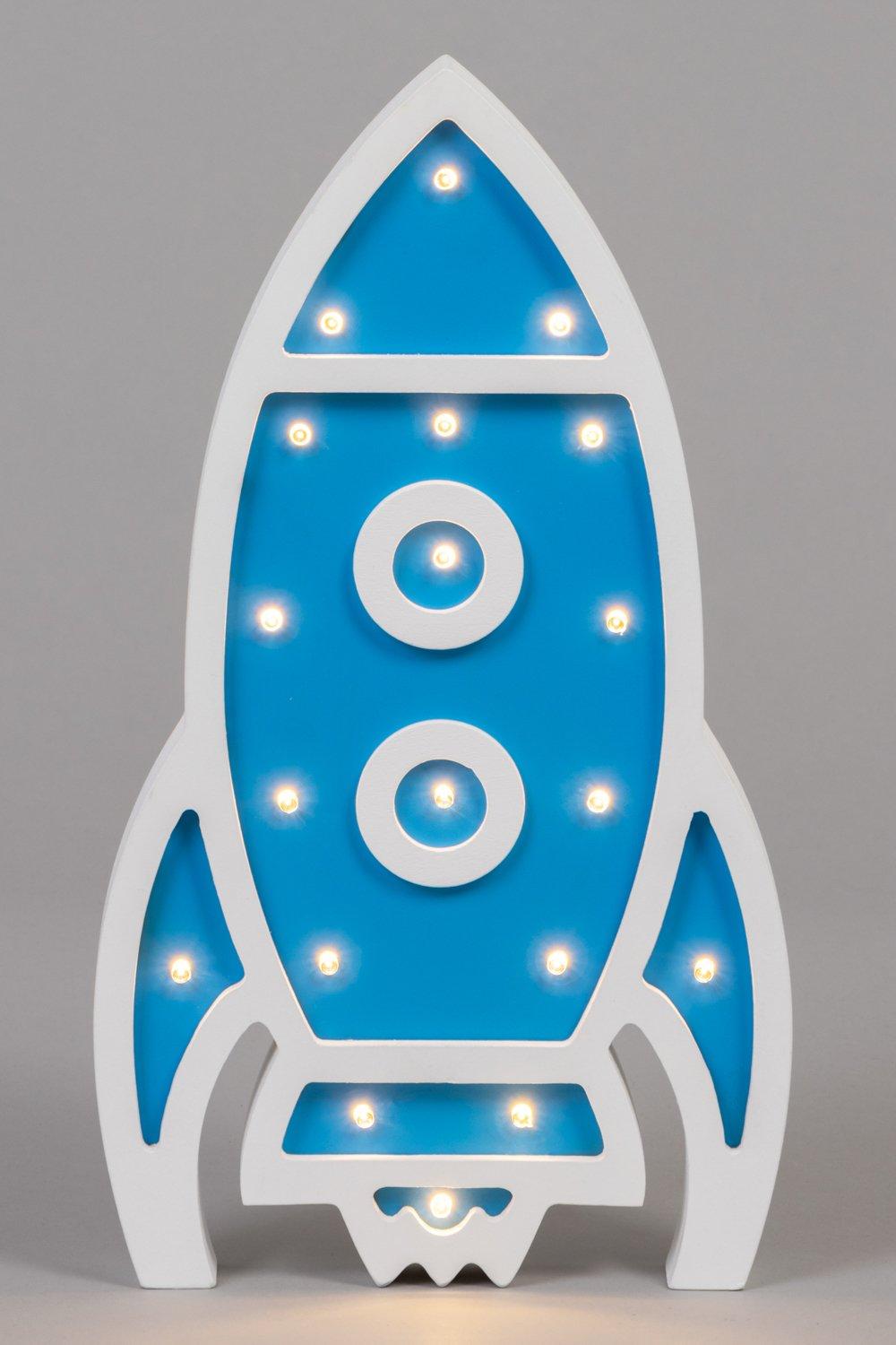 Navy wooden rocket table light with white edges and illuminated LED bulbs, featuring a sleek design and circular accents for a playful touch.