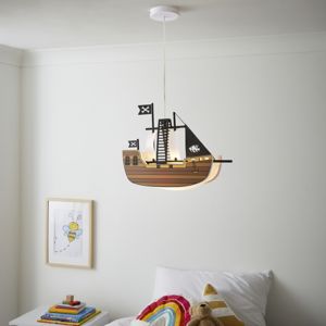 Brown pirate ship pendant ceiling light featuring a black sail, white skull flags, and a warm glow, perfect for children's rooms or playful spaces.