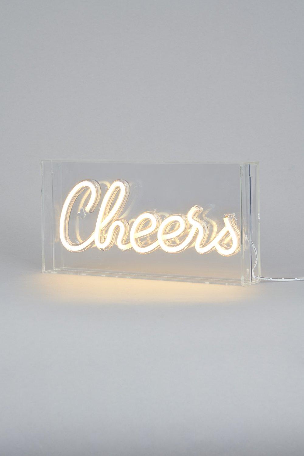 White acrylic light box featuring the word "Cheers" in glowing LED neon style, with a sleek, modern design and a soft, warm illumination.