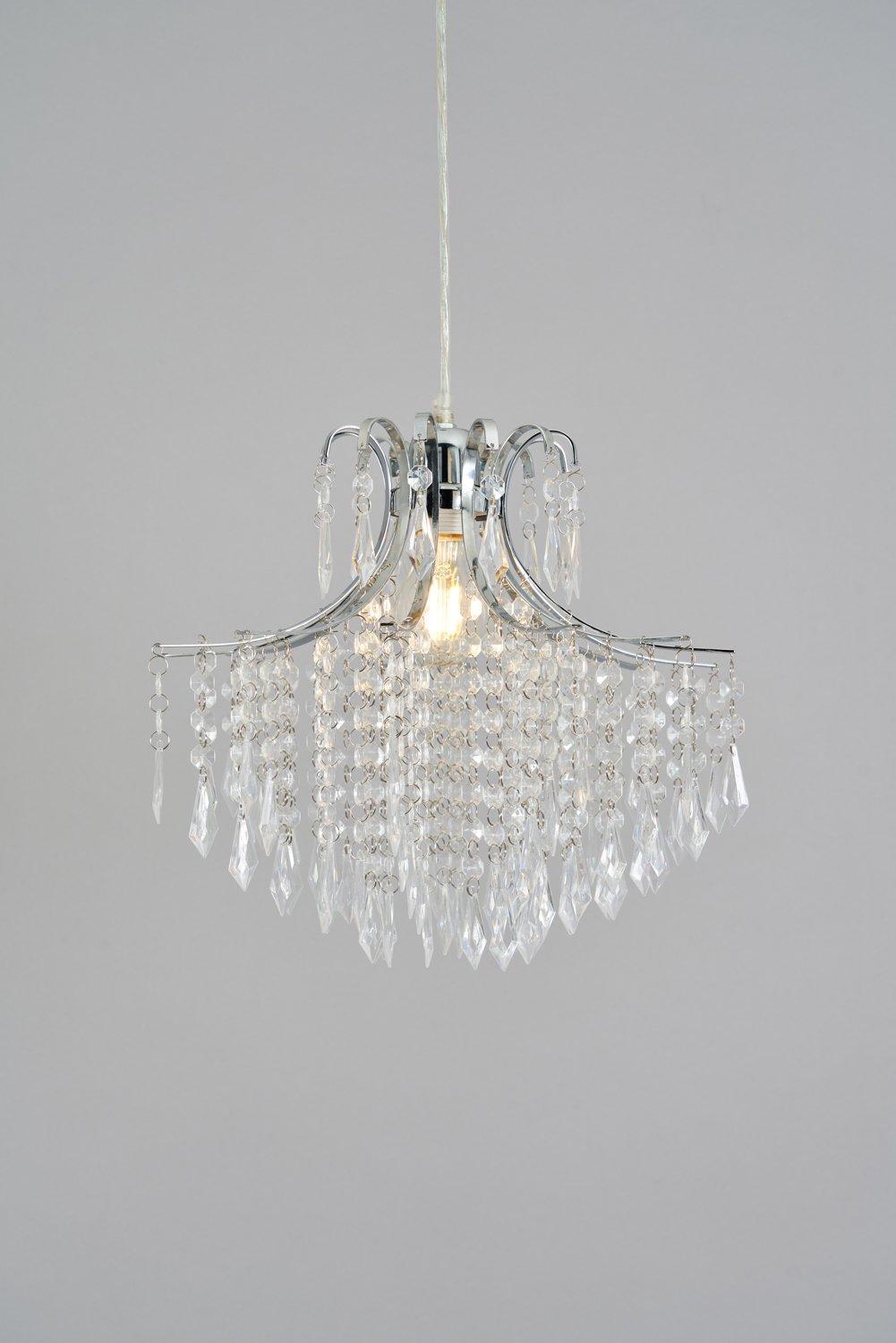Chrome chandelier featuring a droplet design with clear acrylic crystals cascading elegantly, creating a sparkling effect.