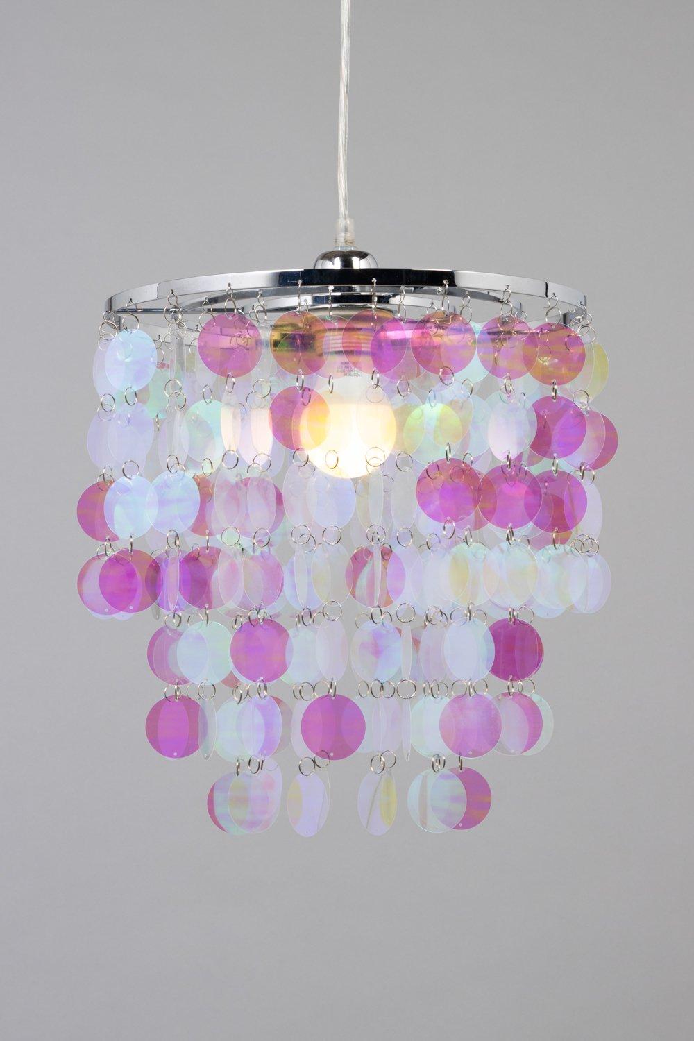 Silver circular light shade featuring iridescent discs in pink and clear hues, cascading down to create a shimmering effect around the light bulb.
