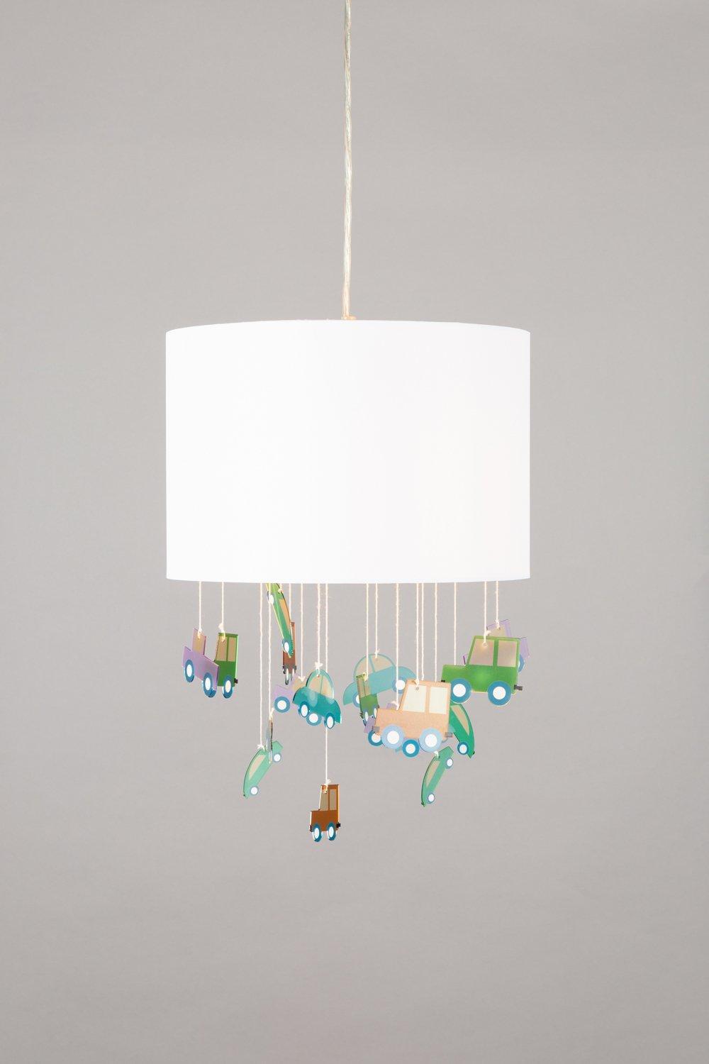 Grey cylindrical light shade with colorful wooden traffic-themed decorations hanging from strings, featuring various vehicles like cars and trucks.