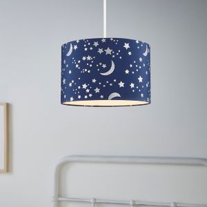 Blue fabric light shade featuring a moon and stars pattern, measuring 30cm in diameter and 21cm high, designed for easy fitting.