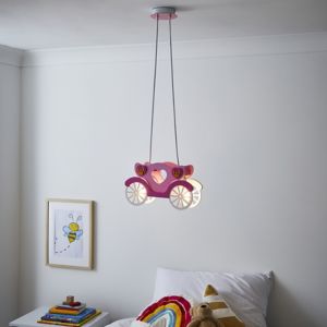 Pink princess carriage ceiling pendant light with white wheels and heart cutouts, suspended from a sleek ceiling mount, perfect for a child's room decor.