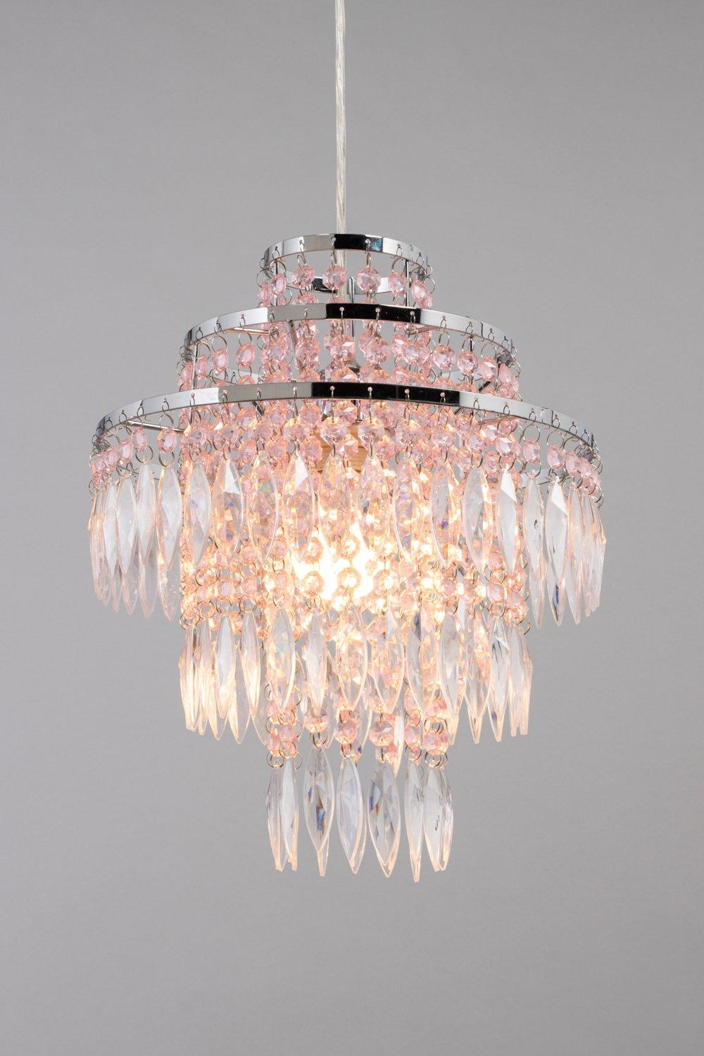 Silver metal light shade featuring a tiered design adorned with clear and pink jeweled accents, creating a sparkling chandelier effect.