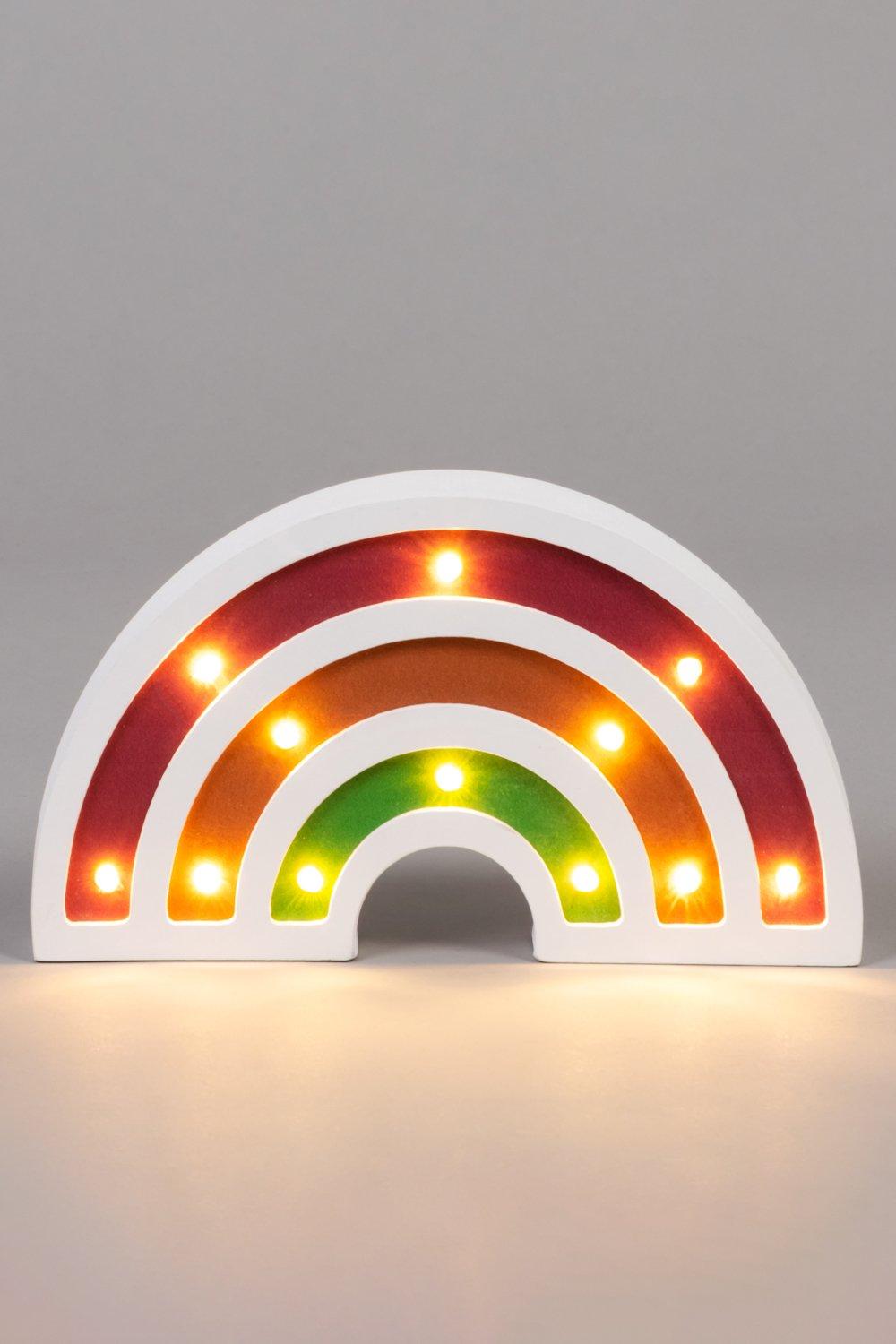 Wooden rainbow light featuring vibrant red, orange, yellow, green, and blue arcs with warm white LED lights, set against a soft gray background.