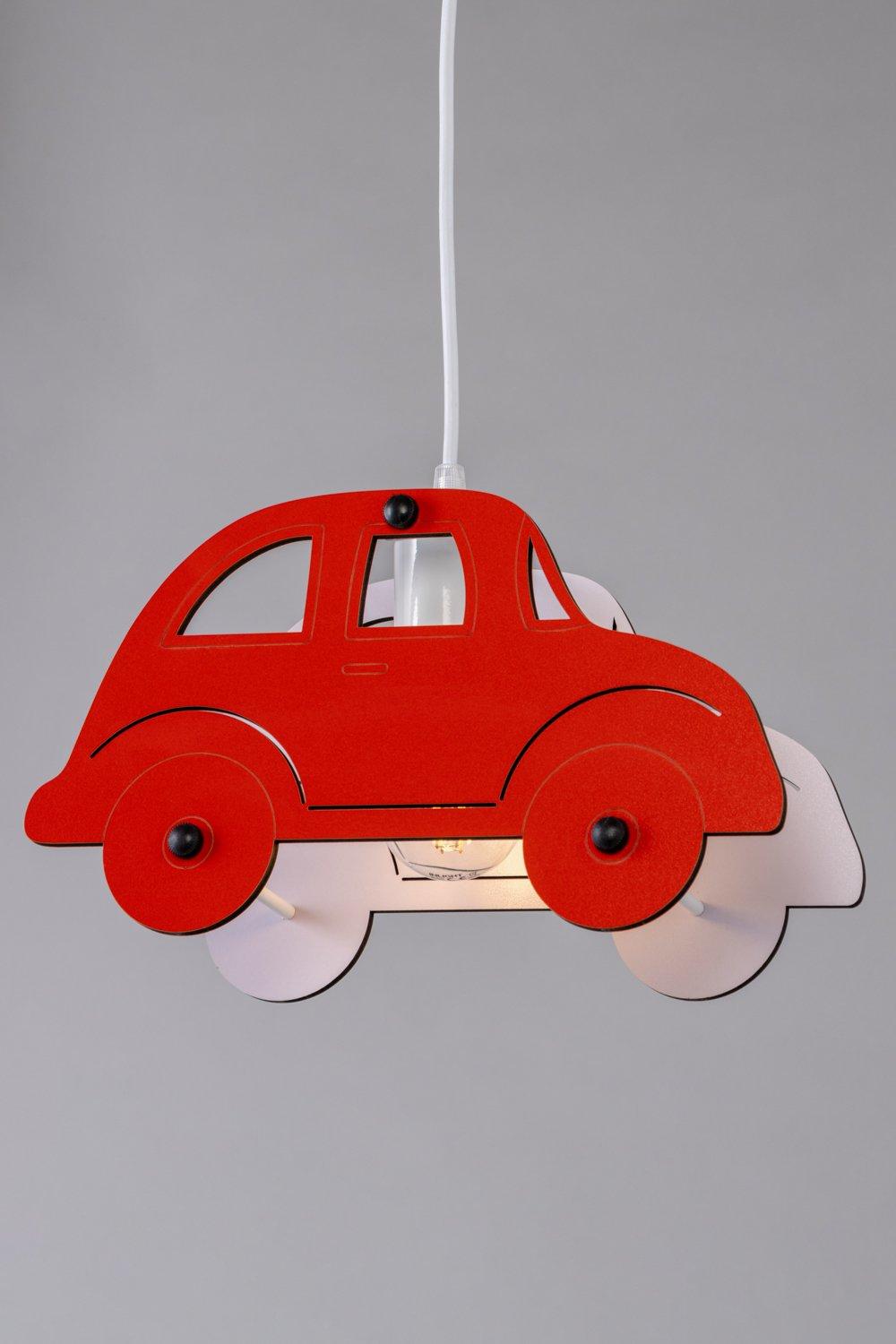 Red car-shaped ceiling pendant light with white accents, featuring a playful design ideal for children's rooms, made from lightweight material with a clear bulb holder.