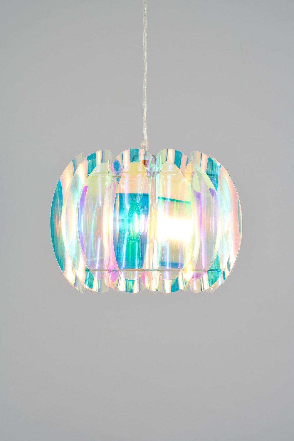 Iridescent pendant light featuring a scalloped design with a translucent finish, reflecting various colors under light, suspended by a simple white cord.