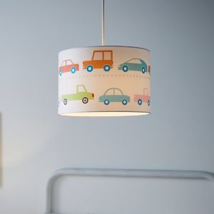 White cylindrical light shade featuring colorful car illustrations in orange, green, and blue, measuring 30cm in diameter and 21cm high, designed for easy fitting.