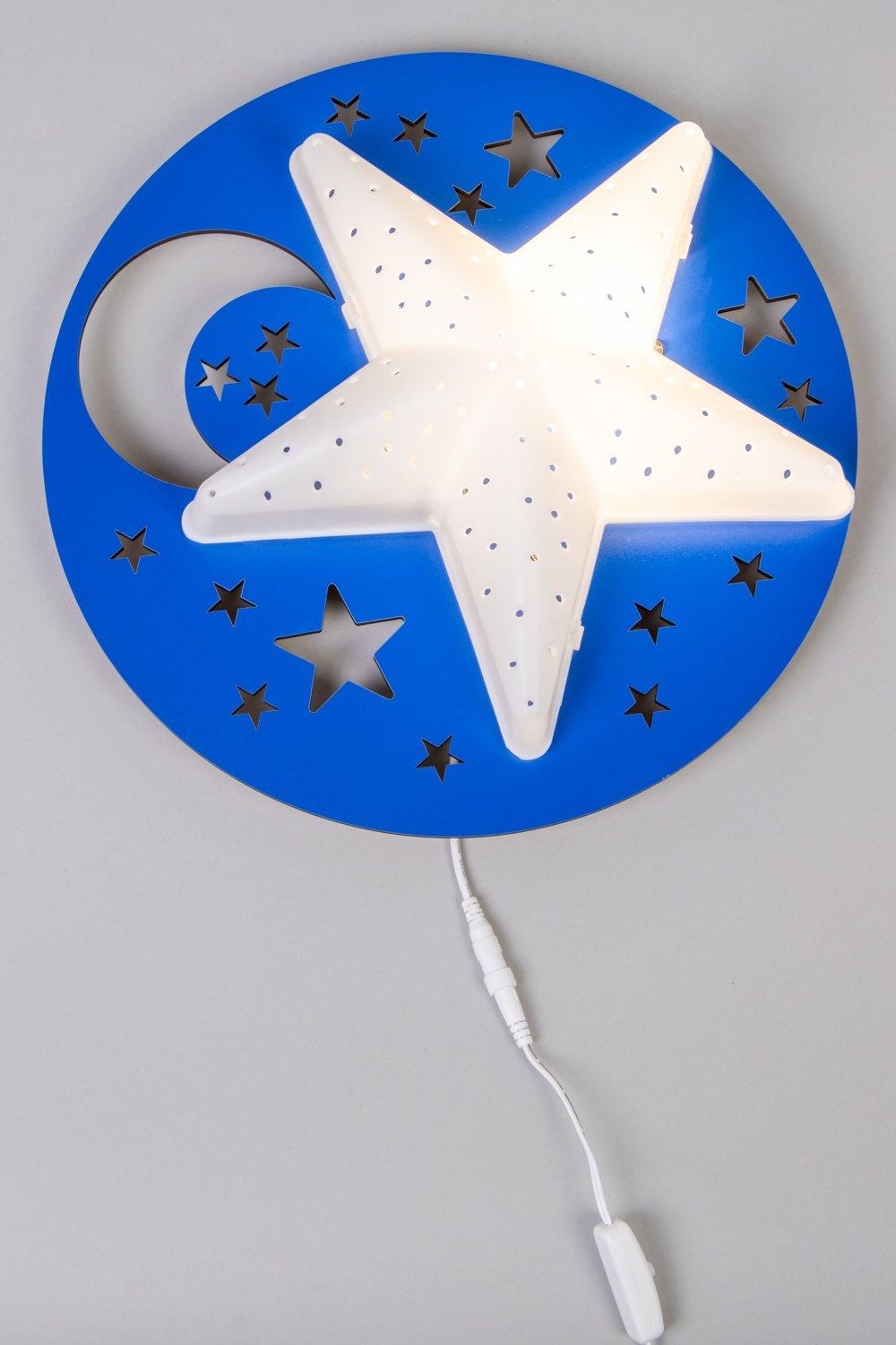 Blue circular wall light featuring a three-dimensional white star with perforations, surrounded by small cut-out stars and a crescent moon design.