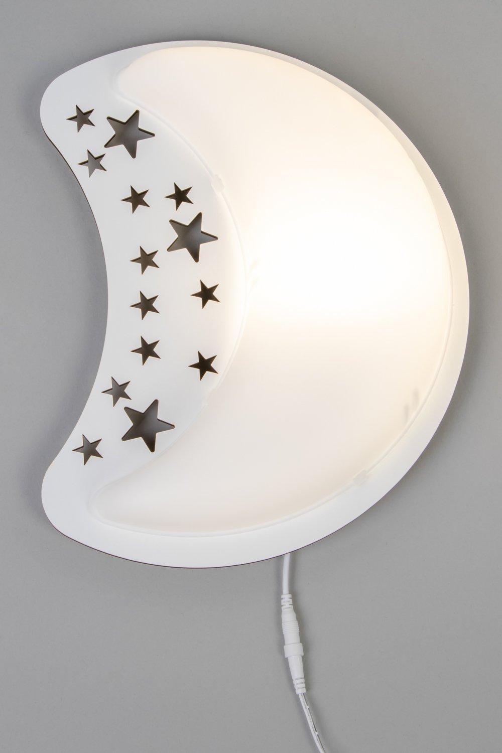 White crescent moon wall light featuring cut-out stars, made from a smooth material, emits a soft glow, perfect for children's rooms or ambient lighting.