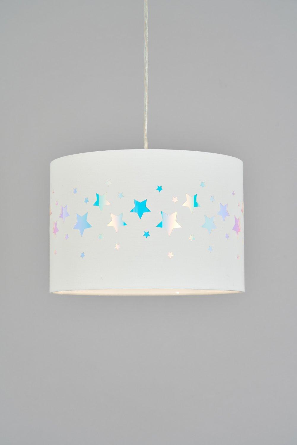 White cylindrical lampshade featuring iridescent star cutouts, creating a whimsical design, suspended by a clear cord against a gray background.