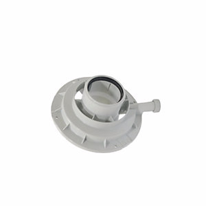 White plastic vertical boiler flue adaptor with a circular base and a central cylindrical connector, designed for 60/100mm flue systems, featuring a side outlet.