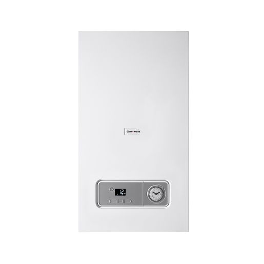 White gas boiler with a sleek design, featuring a digital display, control buttons, and a round temperature dial, branded with the Glow-Worm logo.