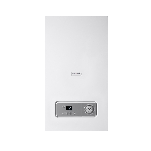 White Glow-worm Betacom4 Combi 30kW gas boiler featuring a digital display, control buttons, and a circular pressure gauge on a sleek, minimalist design.