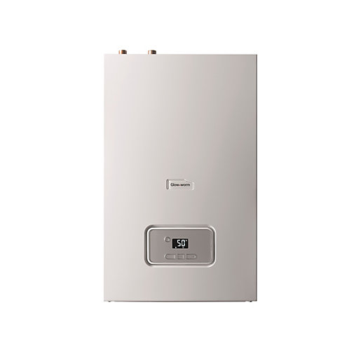 White, sleek gas boiler with a digital display and control panel, featuring a minimalist design and brass fittings at the top for easy installation.