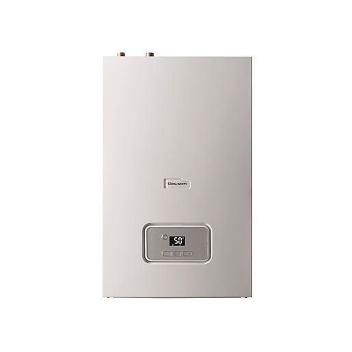 White, sleek gas boiler with a digital display and control panel, featuring a minimalist design and two top-mounted pipe connections.