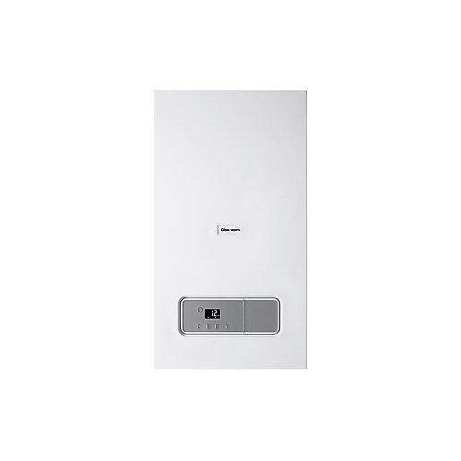 White wall-mounted gas boiler with a sleek design, featuring a digital display and control panel at the bottom, marked with the Glow-Worm logo.