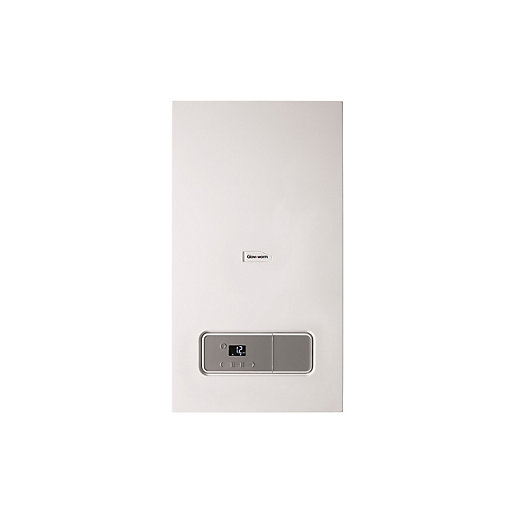 White wall-mounted gas boiler with a sleek design, featuring a digital display and control panel at the bottom, labeled with temperature settings and brand logo.