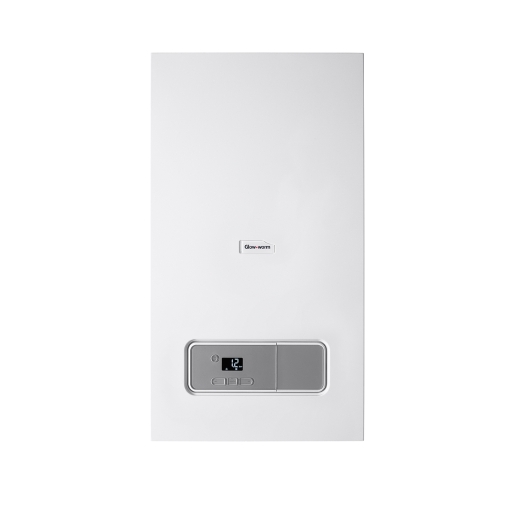 White, compact gas boiler with a sleek design, featuring a digital display and control panel at the bottom, labeled with the Glow-worm logo.