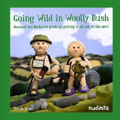 A colorful book cover featuring two knitted characters, one in a green hat and vest and the other in a pink top, set against a vibrant green background with hills and stones.