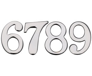 Shiny chrome self-adhesive numerals in a sleek font, featuring the numbers 6, 7, 8, and 9, each measuring 1.25 inches tall and 32mm wide, perfect for signage or decoration.