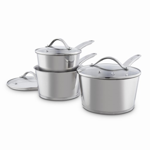 Three-piece silver saucepan set by GOOD FOOD, featuring polished stainless steel construction, glass lids, and ergonomic handles for easy handling.