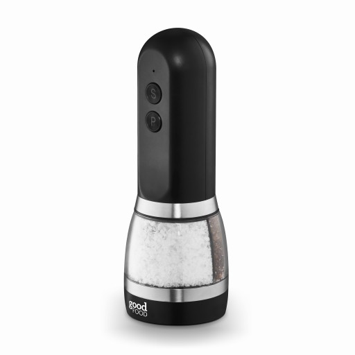 Black electric salt and pepper mill with a transparent base, featuring a silver band and buttons labeled 'S' and 'P' for salt and pepper, respectively.