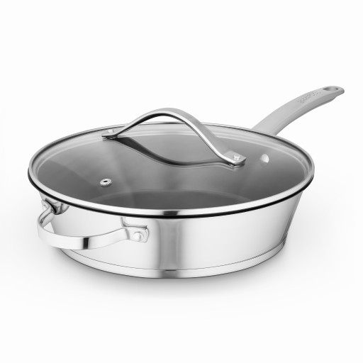 28cm silver multi-pan with a glass lid, stainless steel material, and a sturdy handle, designed for versatile cooking in partnership with Tower Good Food.