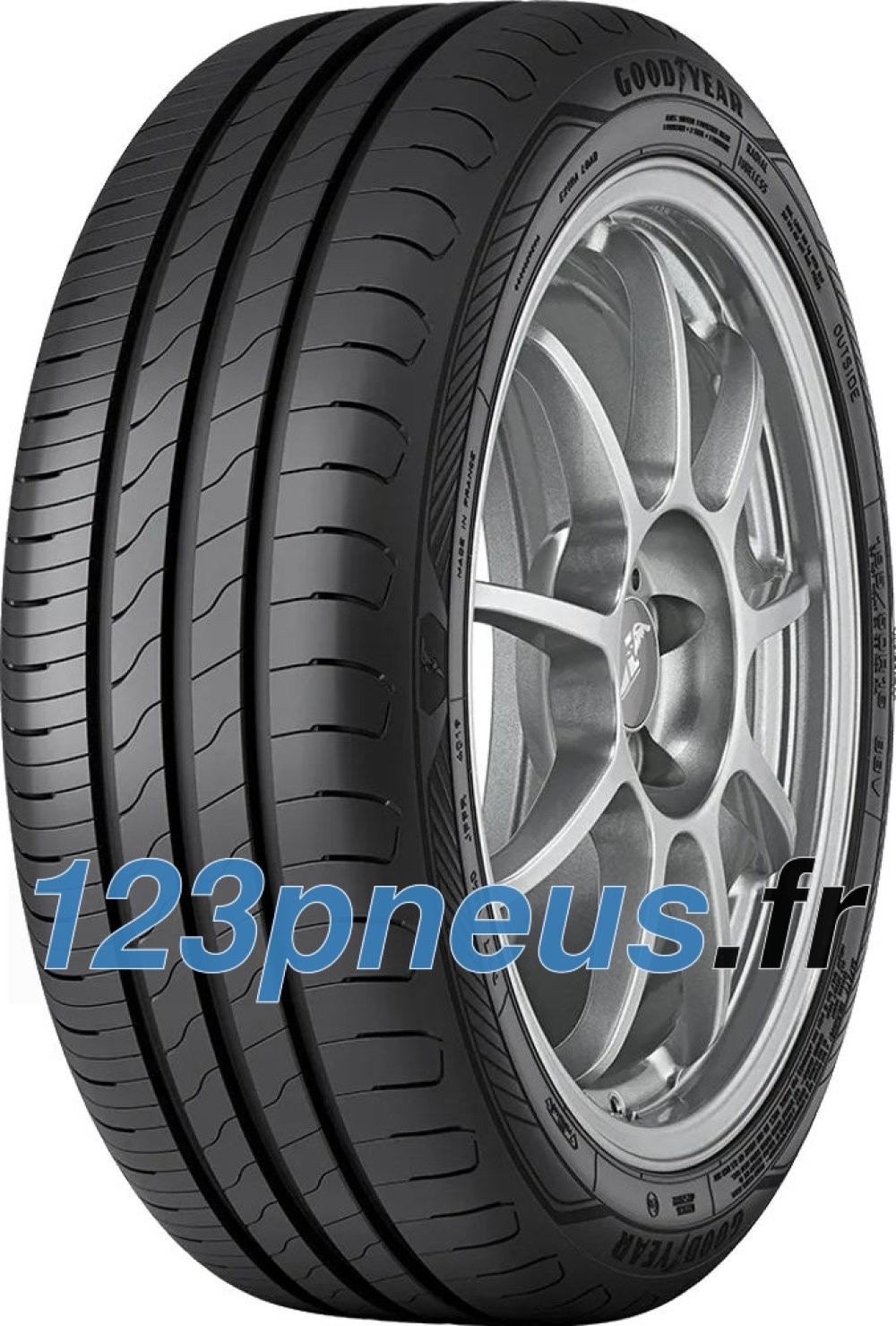 Goodyear EfficientGrip Performance 2 summer tyre in size 205/60 R16, featuring a sleek black rubber tread with a modern silver alloy wheel design.