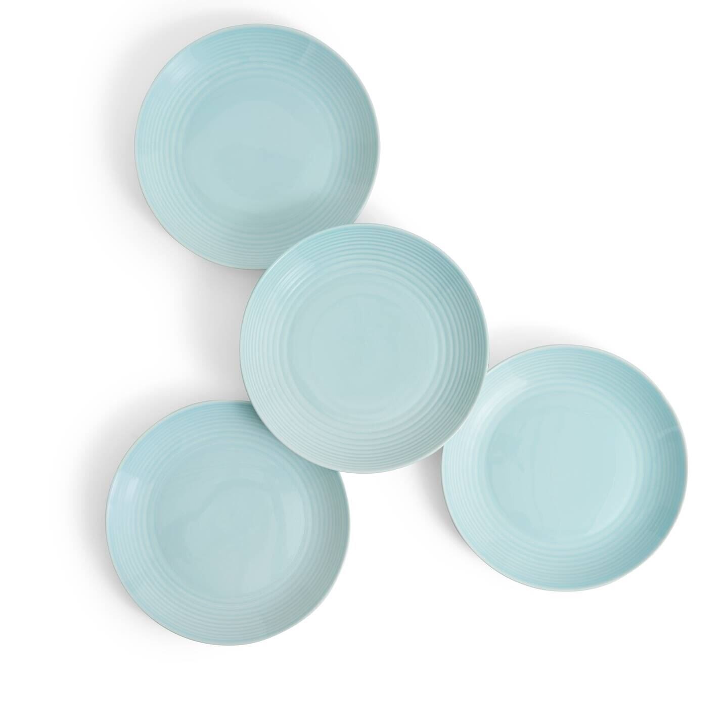 Set of four Royal Doulton Gordon Ramsay Maze dinner plates in a soft blue color, featuring a textured concentric circle design, made from durable ceramic.