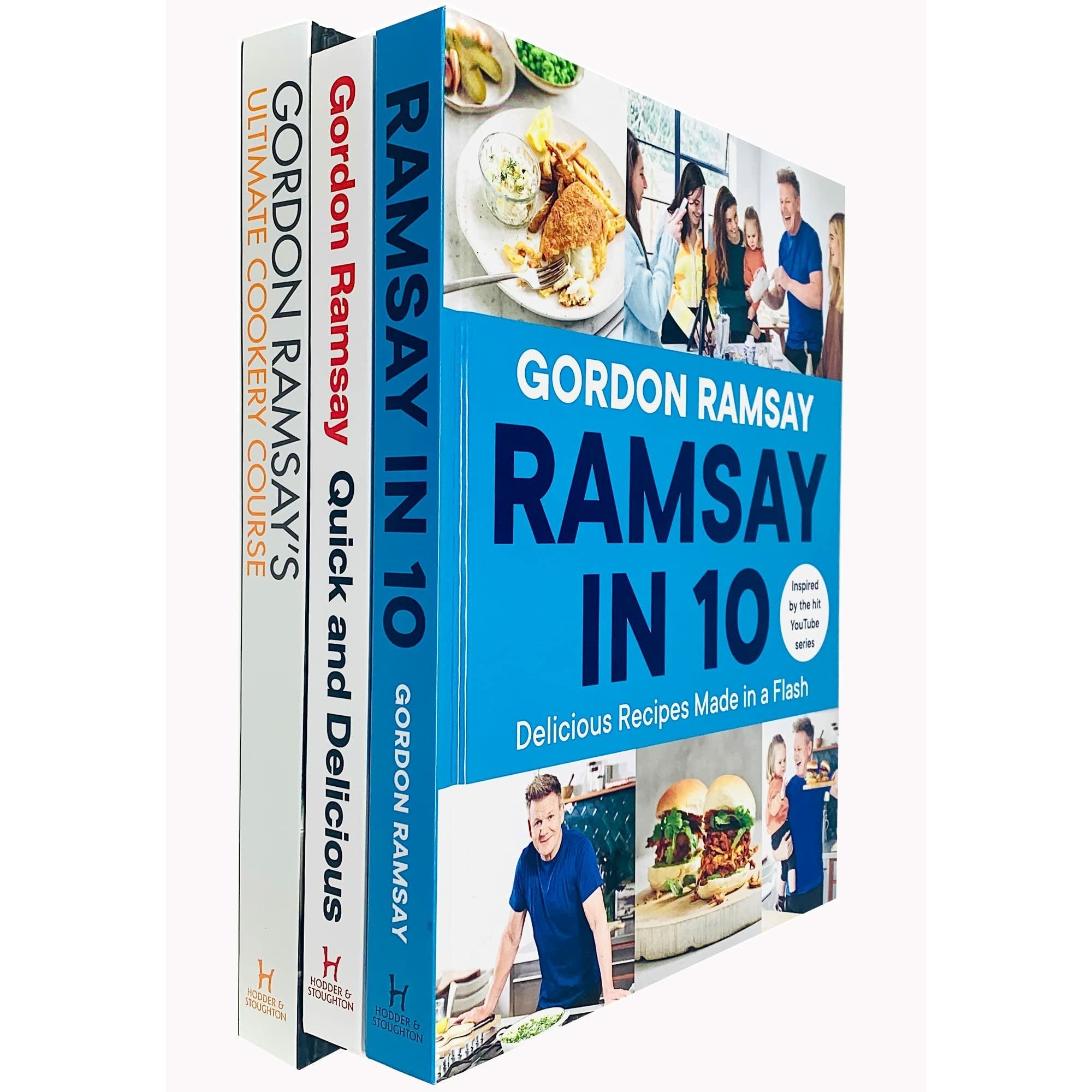 Three hardcover cookbooks by Gordon Ramsay: "Ultimate Cookery Course," "Quick & Delicious," and "Ramsay in 10," featuring vibrant covers with images of food and Ramsay.