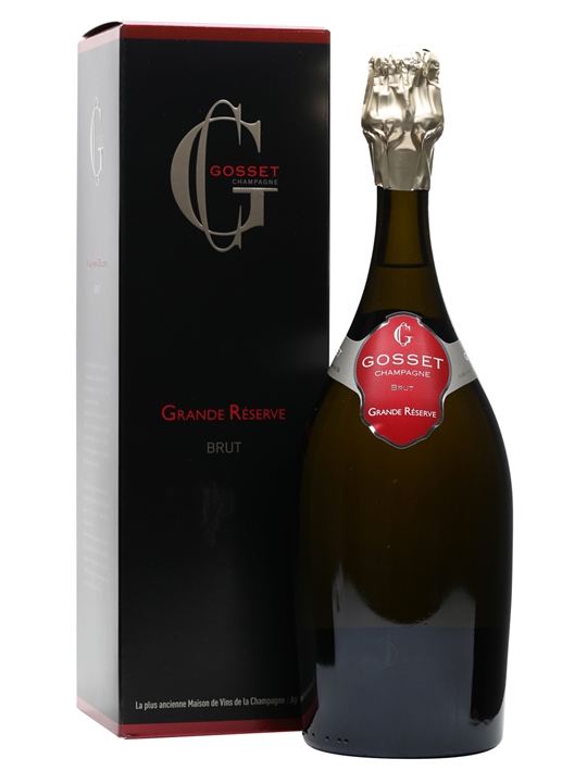 Gosset Grand Reserve Magnum Champagne, 1.5 L, features a dark green bottle with a red and silver label, presented in a sleek black gift box with elegant branding.