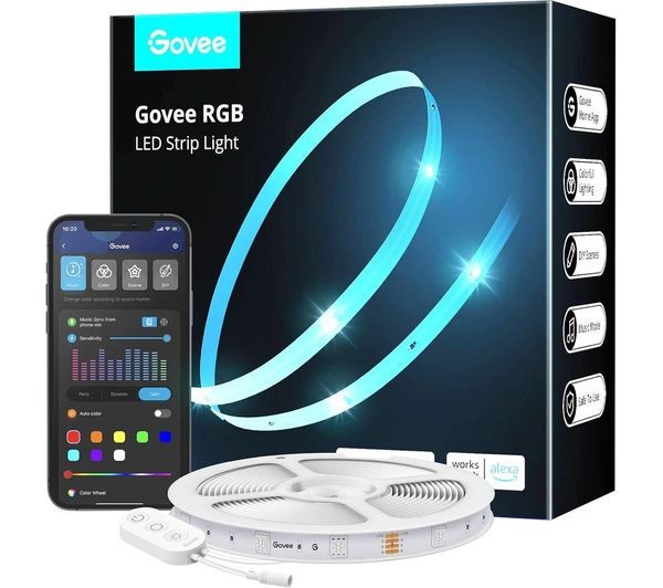 Govee RGB LED Strip Lights in a 5m roll, featuring a white spool, remote control, and a sleek black box with colorful lighting options and smart home compatibility icons.