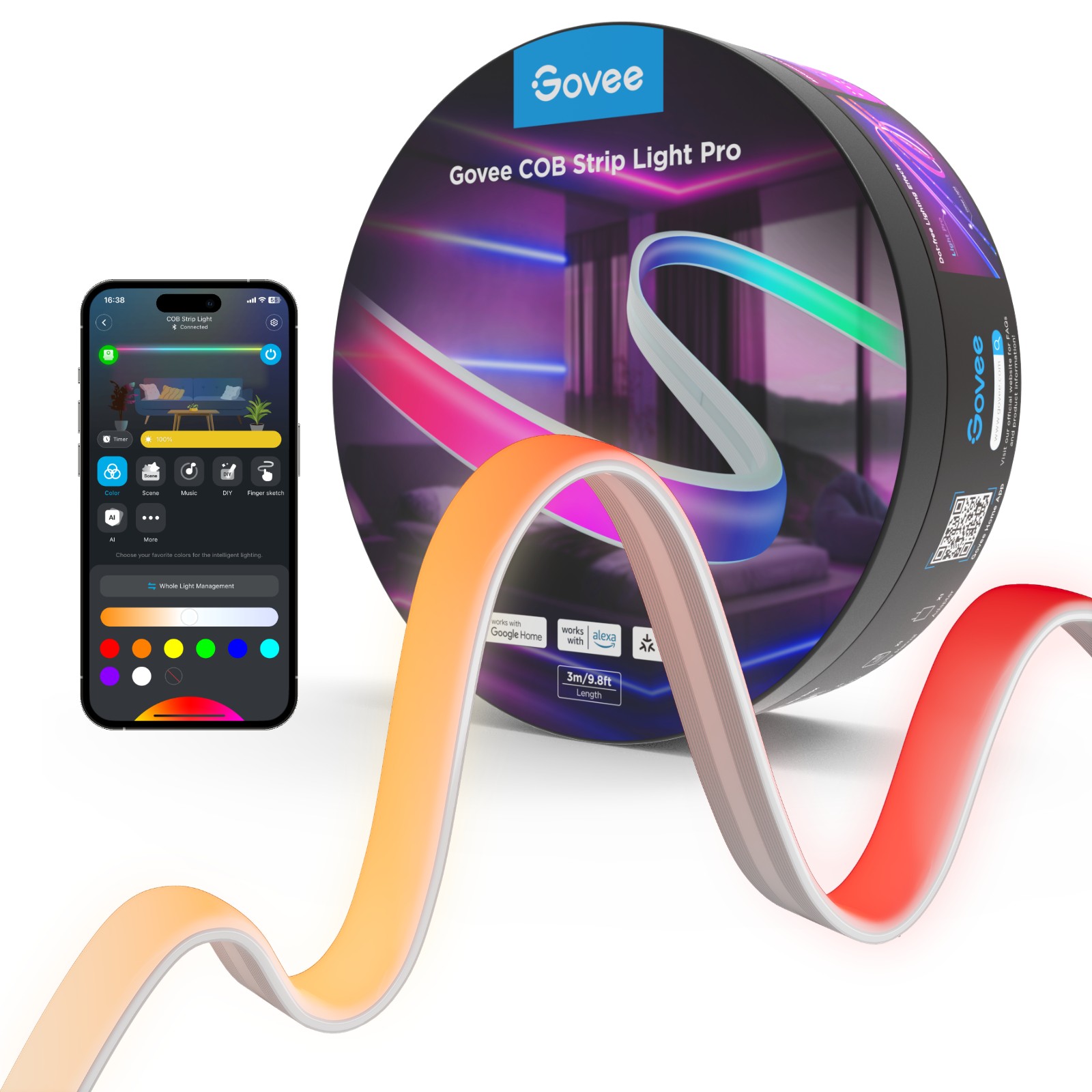 Govee COB Strip Light Pro in a round package, featuring a 9.8ft flexible LED strip in vibrant colors, alongside a smartphone displaying a color control app.