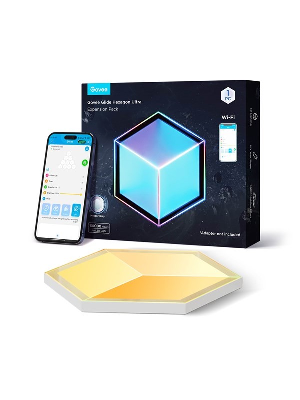 Govee Glide Hexagon Light Panels Ultra Expansion Pack features a hexagonal light panel in yellow with a sleek white frame, accompanied by a smartphone displaying the app for control.
